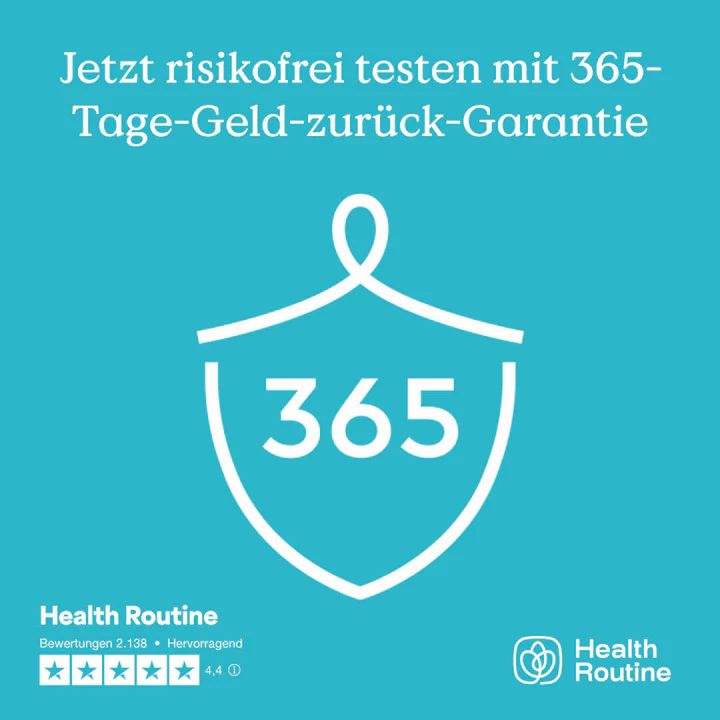 Blauer Hintergrund mit weißem Schild. Text: 365 Tage Geld-zurück-Garantie. Logo "Health Routine". Sterne-Bewertung.
