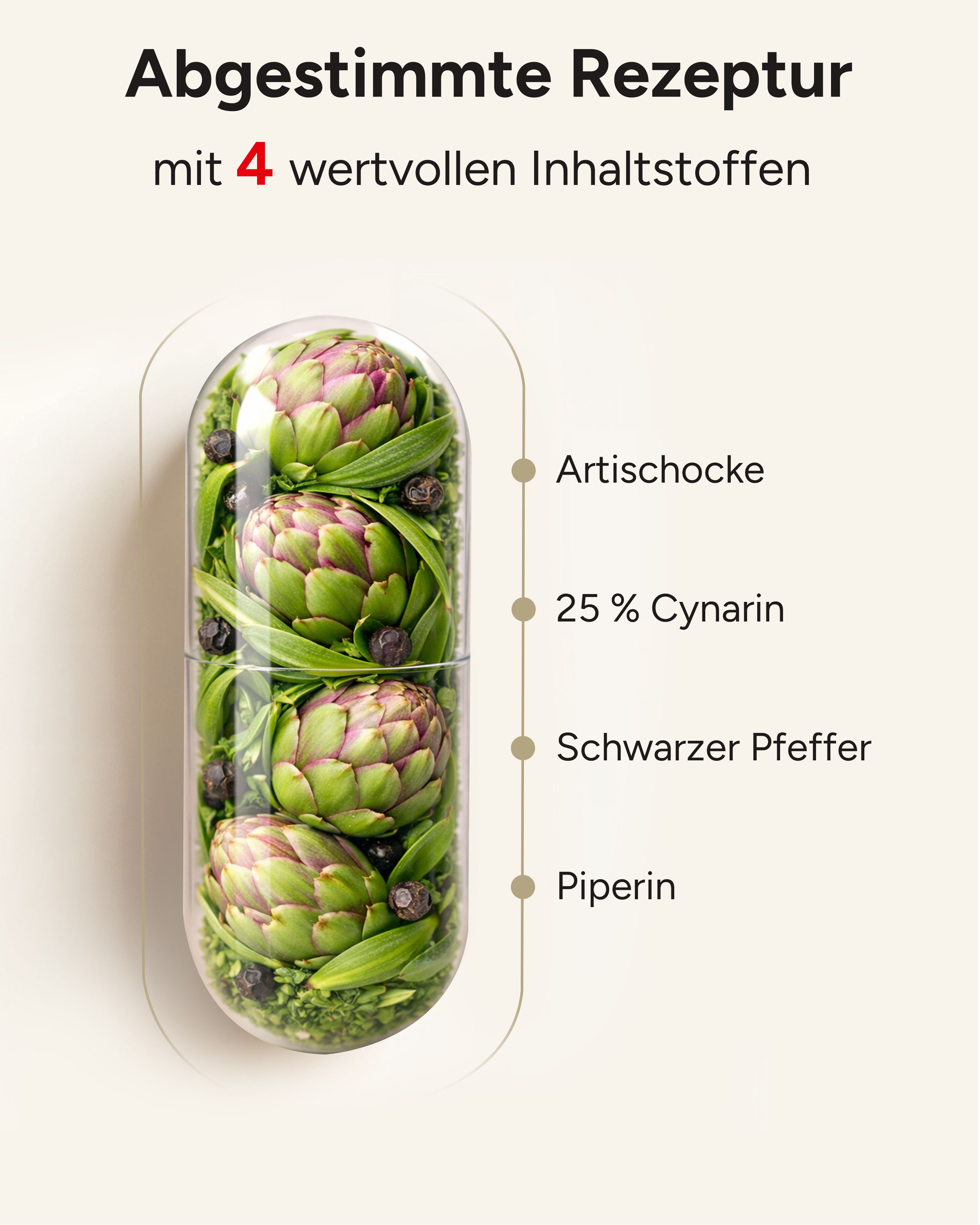 Kapsel mit Artischocken, Cynarin, schwarzem Pfeffer. Inhaltsstoffe aufgelistet.