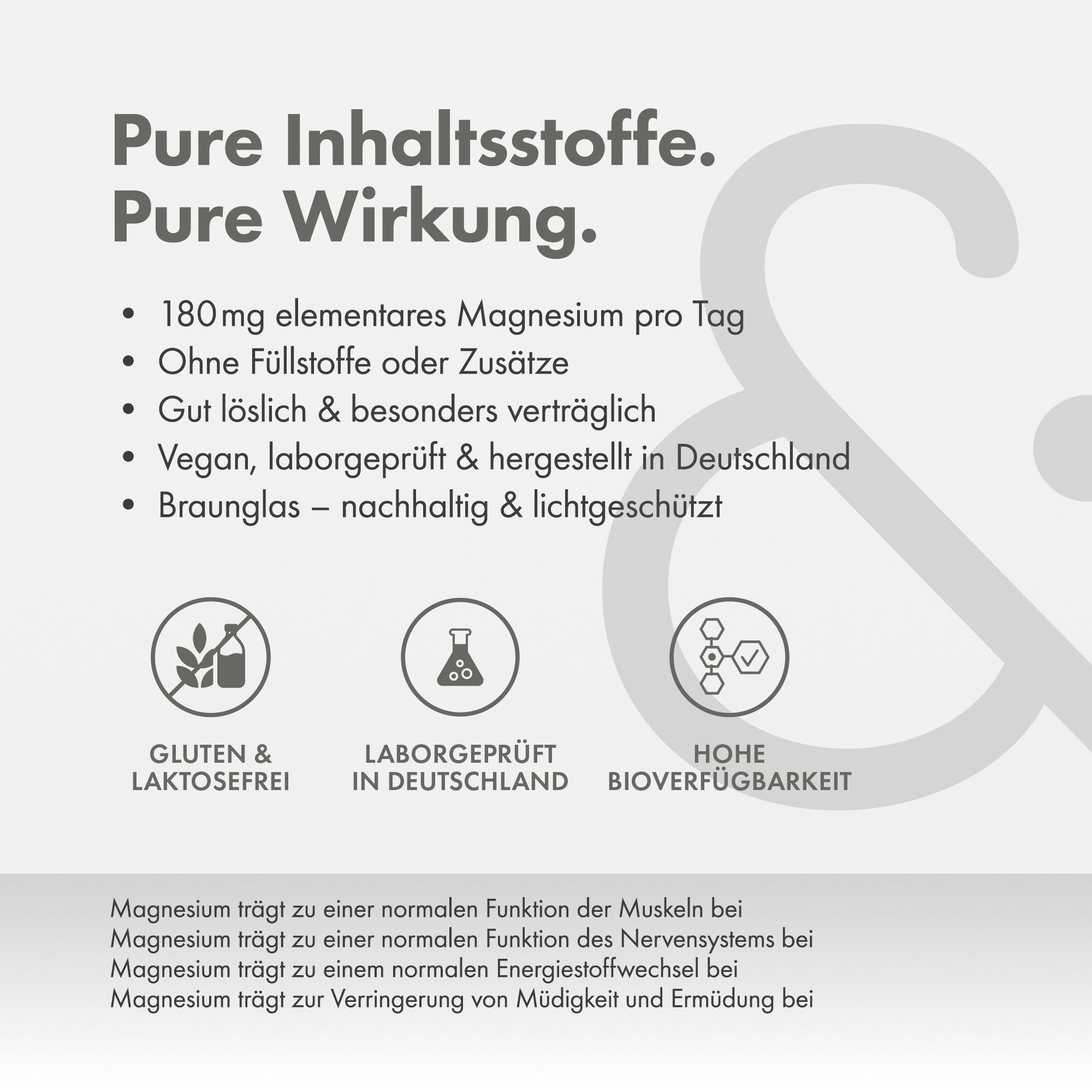 Braune Glasflasche mit "MINERALS & ME Magnesium Kapseln". Text: "Pure Inhaltsstoffe. Pure Wirkung.". Gluten- und Laktosefrei.