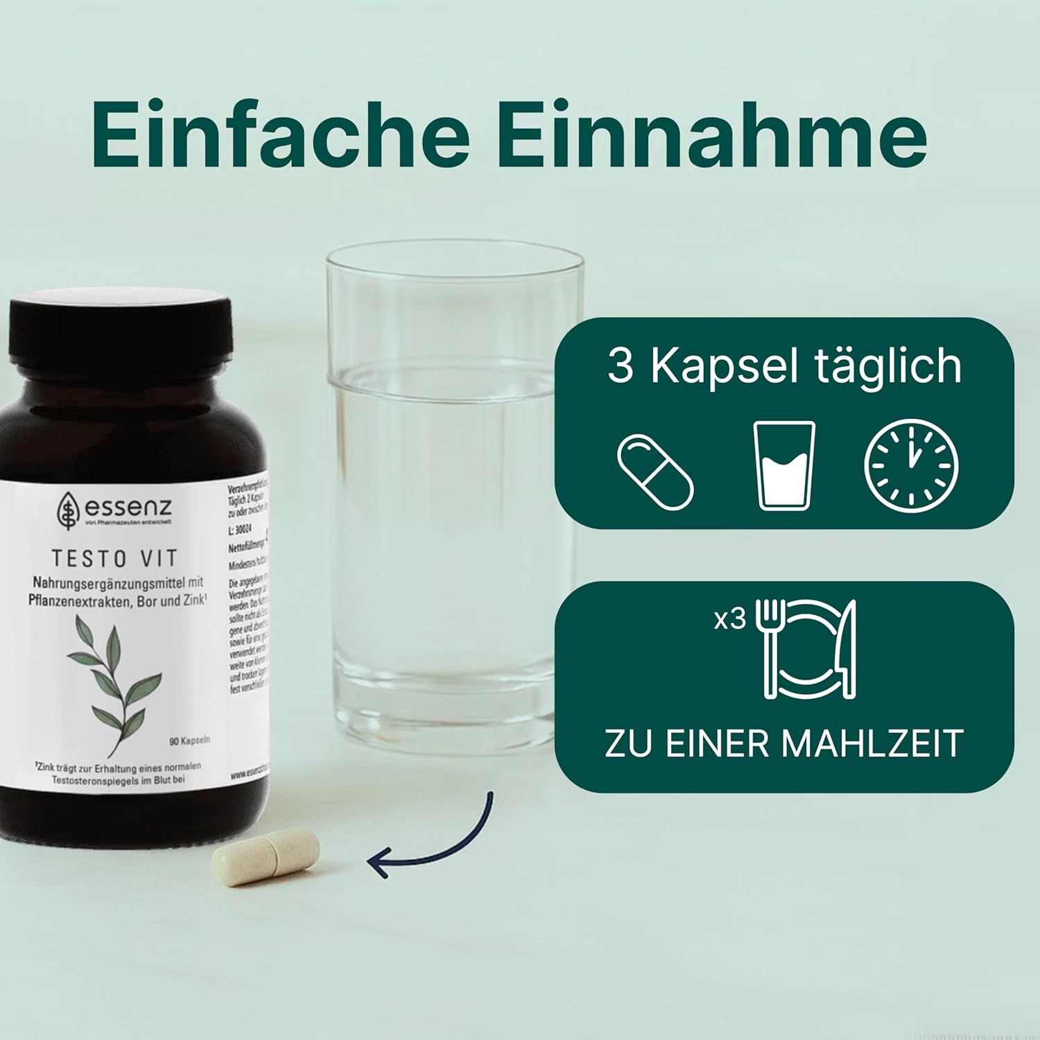 Braune Flasche mit ESSENZ Testo Vit Kapseln, daneben Glas Wasser und Kapsel. Anweisung: 3 Kapseln täglich zu einer Mahlzeit.