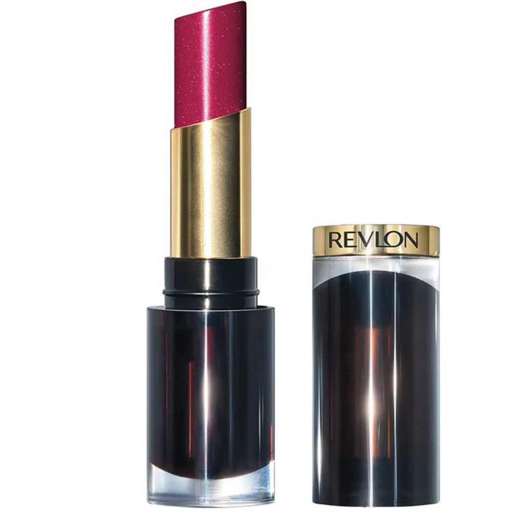 Lippenstift mit geöffneter Kappe. Schwarzer, goldfarbener und transparenter Behälter. Aufschrift: Revlon.