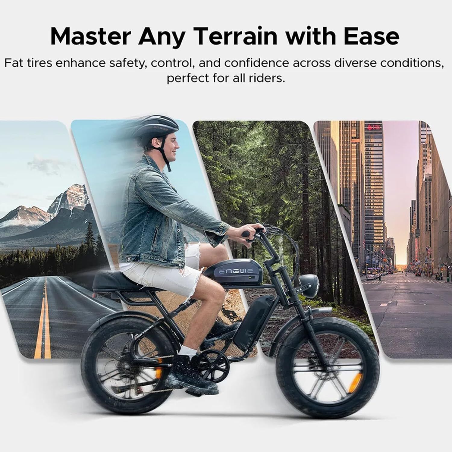 Schwarzes E-Bike mit Fahrer. Text: "Master Any Terrain with Ease". Hintergrund: Straße, Wald, Stadt.