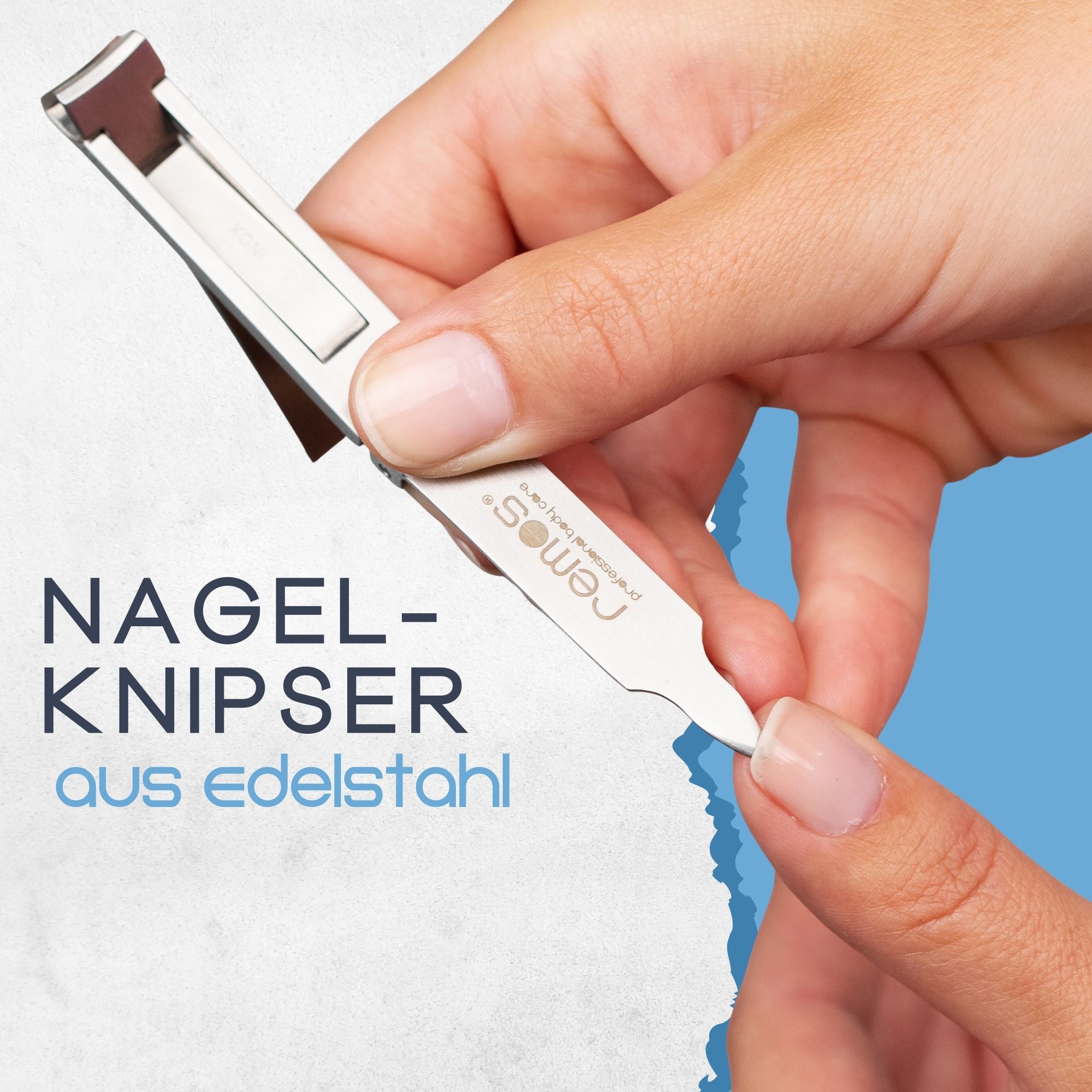 Hand hält einen REMOS Nagelknipser aus Edelstahl, der zur Nagelpflege verwendet wird.
