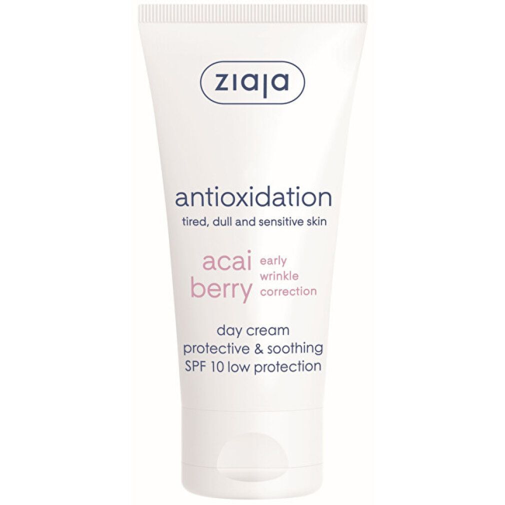 Weiße Tube mit Ziaja-Logo und Text: antioxidative Tagescreme mit Acai-Beere, SPF 10. Für müde, fahle und empfindliche Haut.