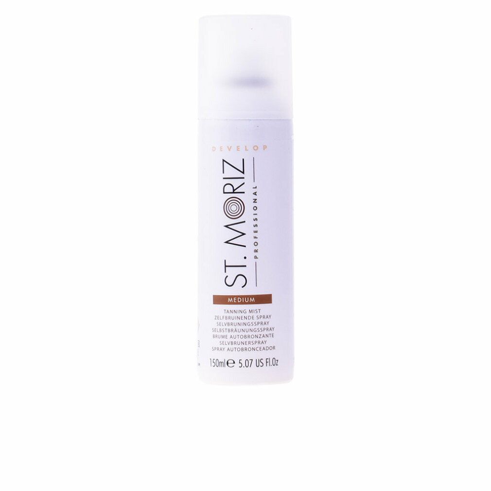 St. Moriz Selbstbräunungsspray. Weiße Flasche mit braunen und schwarzen Texten. "Medium" und "150ml" sind sichtbar.
