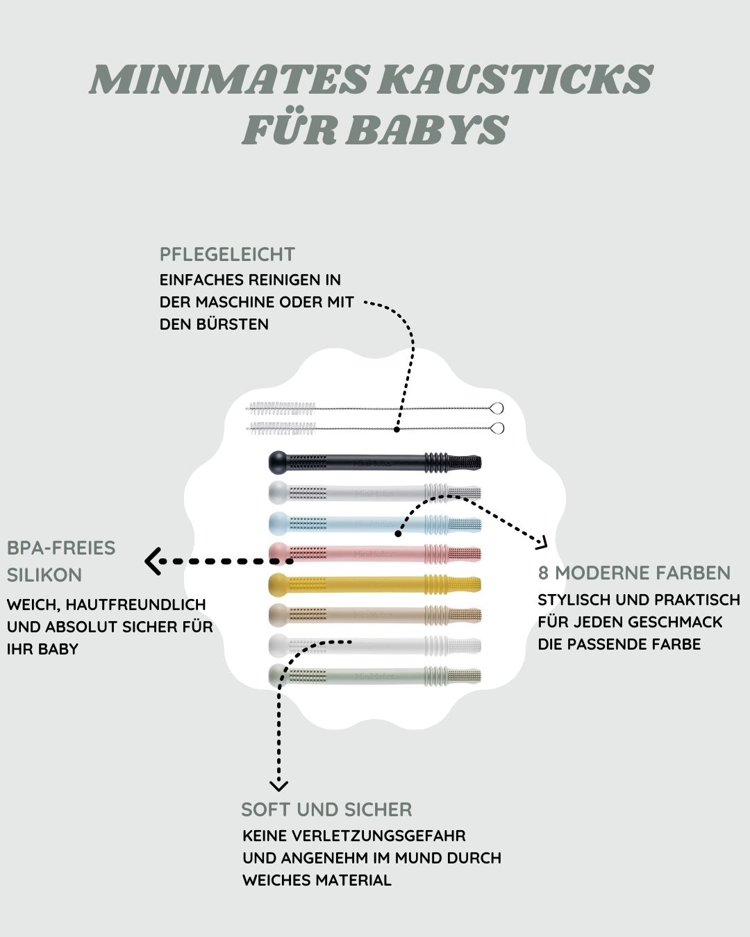 Grafik mit acht farbigen Beißringen, Reinigungsbürsten und Text. Text: MiniMates Kausticks für Babys, BPA-frei, 8 moderne Farben.
