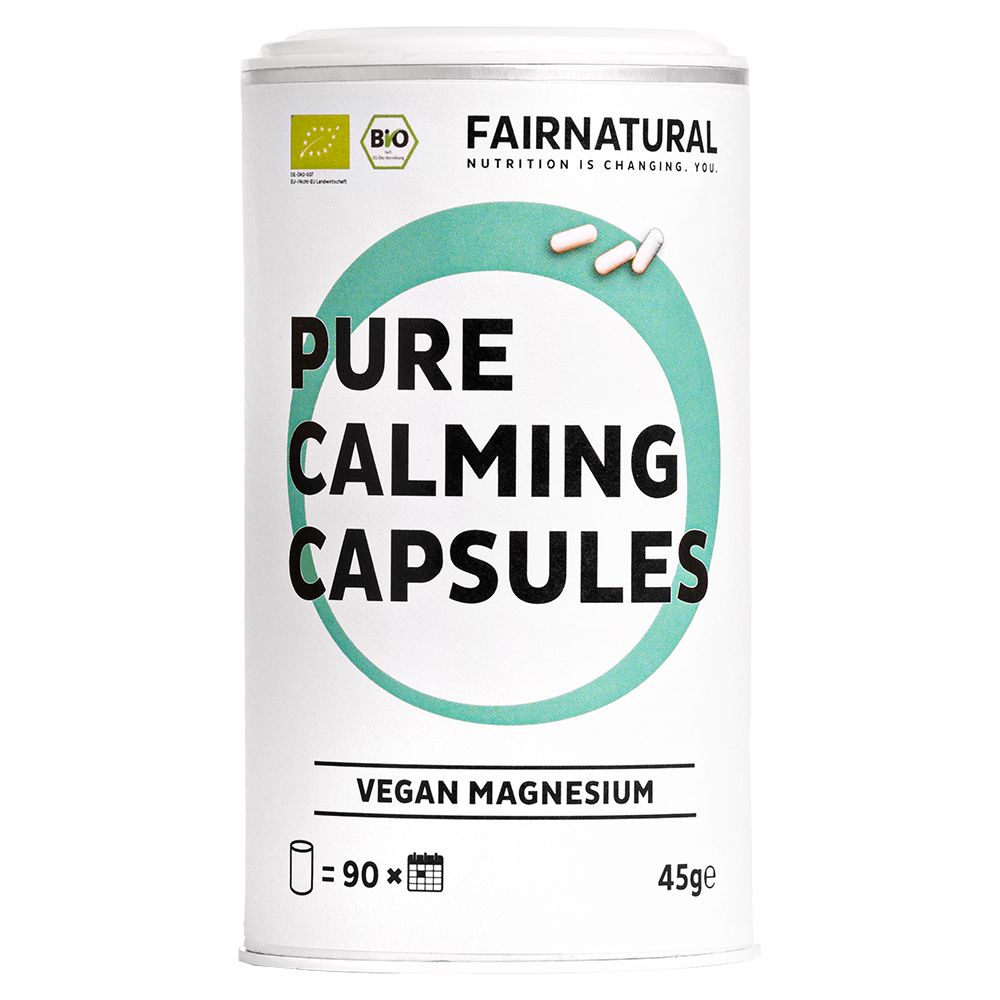 Zylinderdose mit Kapseln. Aufschrift: Pure Calming Capsules, Vegan Magnesium. Bio-Siegel.