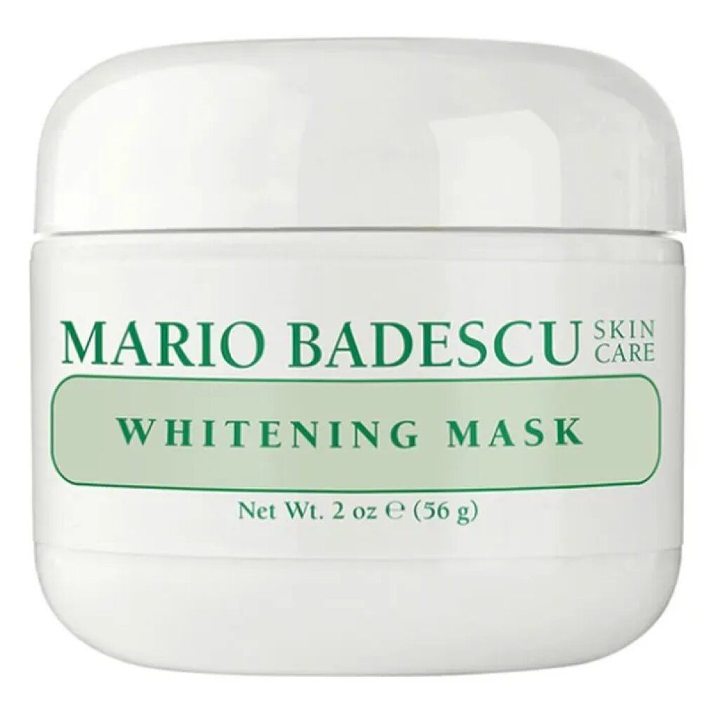 Weißer Tiegel mit grünem Etikett. Aufschrift: Mario Badescu, Whitening Mask. Nettoinhalt: 2 oz (56 g).