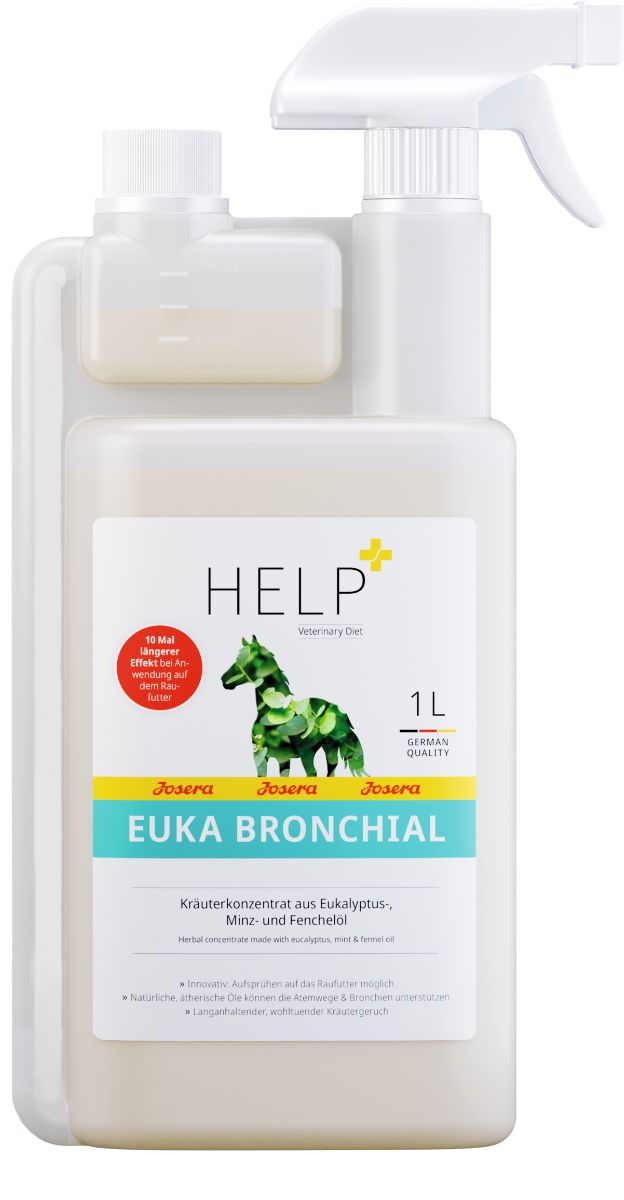 Josera Help Euka Bronchial. Weiße Flasche mit Sprühkopf und Messbehälter. Etikett mit Produktname, Logo und Inhaltsangabe.