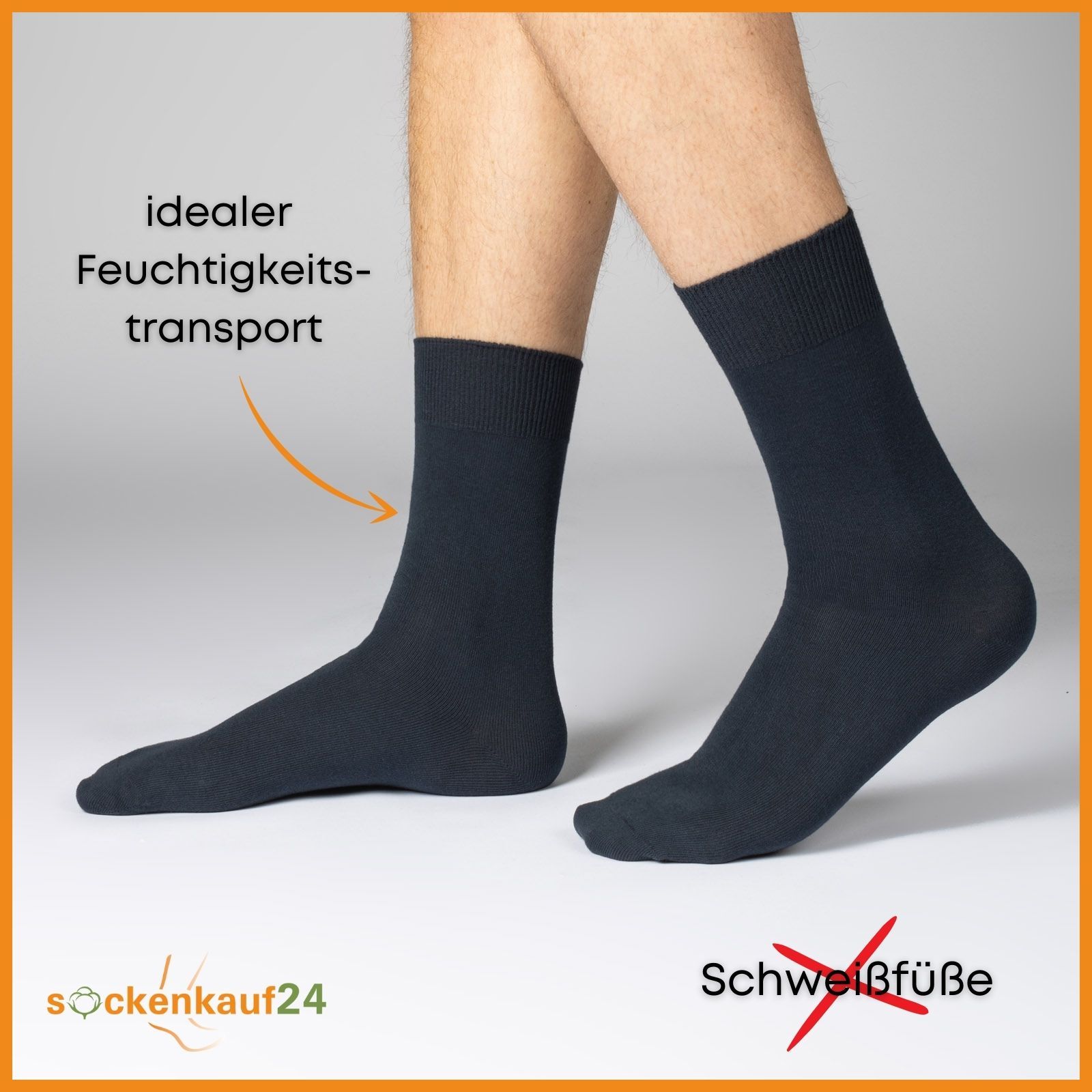 Person trägt schwarze Socken. Text: "idealer Feuchtigkeitstransport" und "Schweißfüße".
