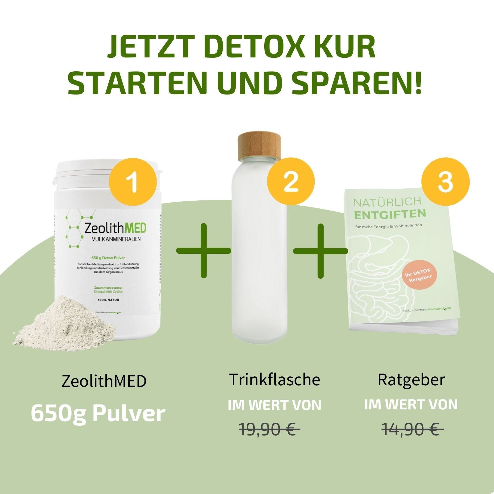 Zeolith MED STARTER-SET:  Detox-Pulver, Trinkflasche & Ratgeber