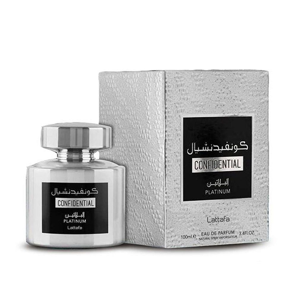 Silberfarbener Flakon und Verpackung. Schwarzes Etikett mit arabischer und englischer Schrift. "Confidential Platinum Eau de Parfum" von Lattafa.
