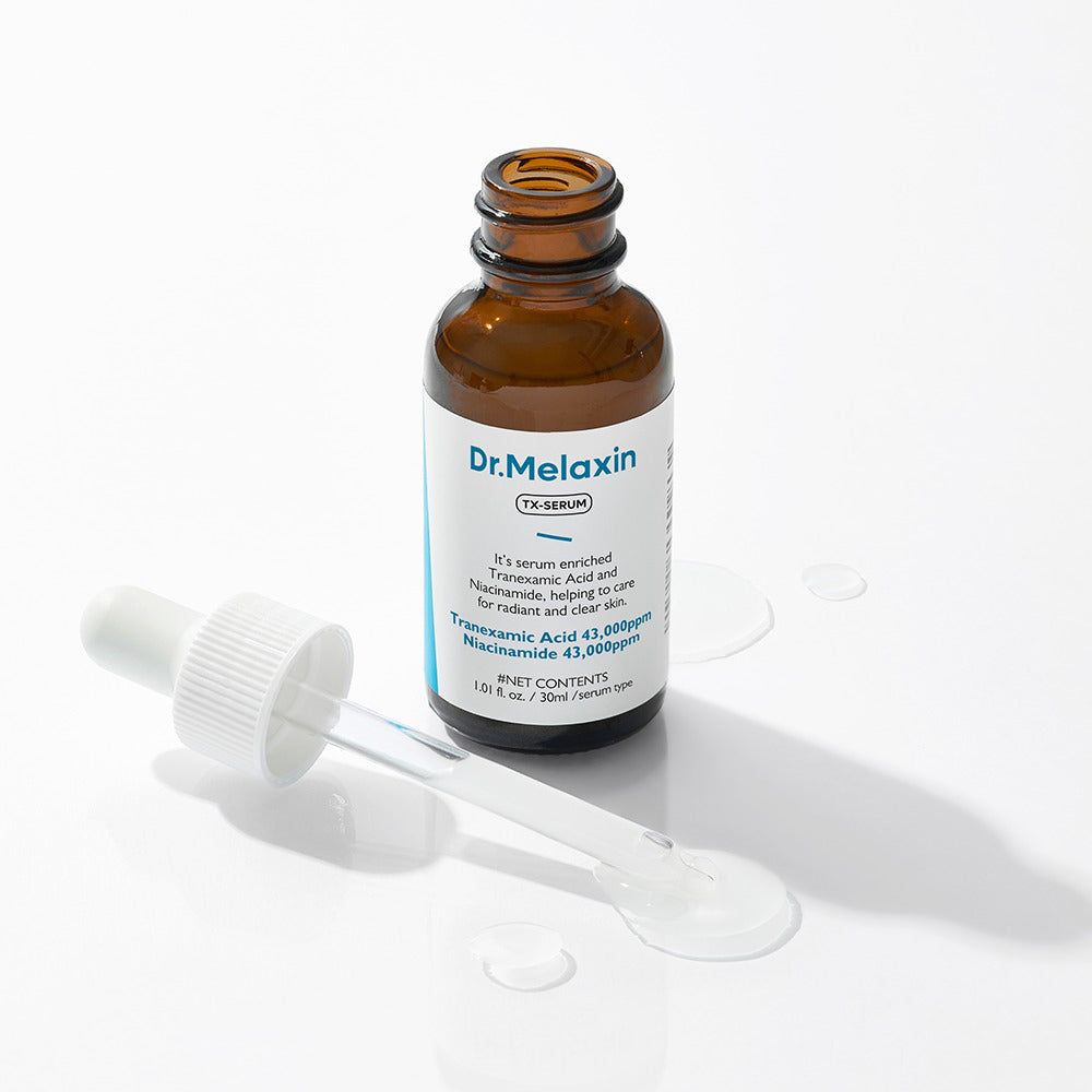 Dr. Melaxin TX Serumflasche mit abgenommener Pipette. Braunes Glas mit weißem Etikett.