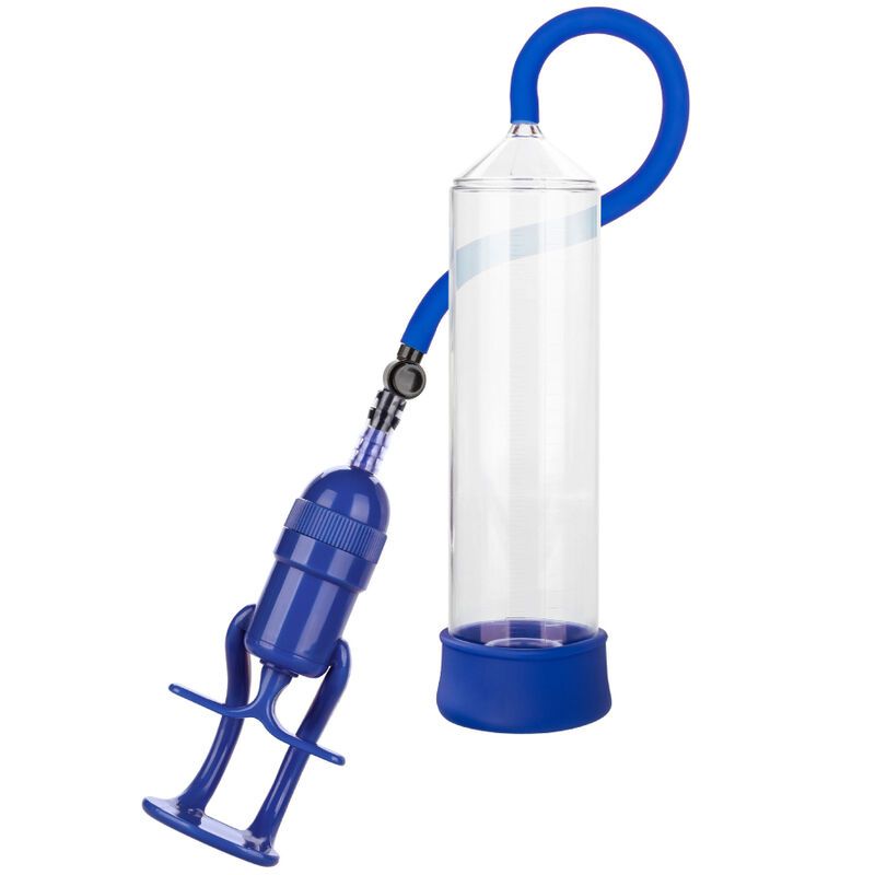 Blau-transparente Pumpe. Zylinder, Griff und Schlauch. Blaue Basis. Für Intimhygiene.