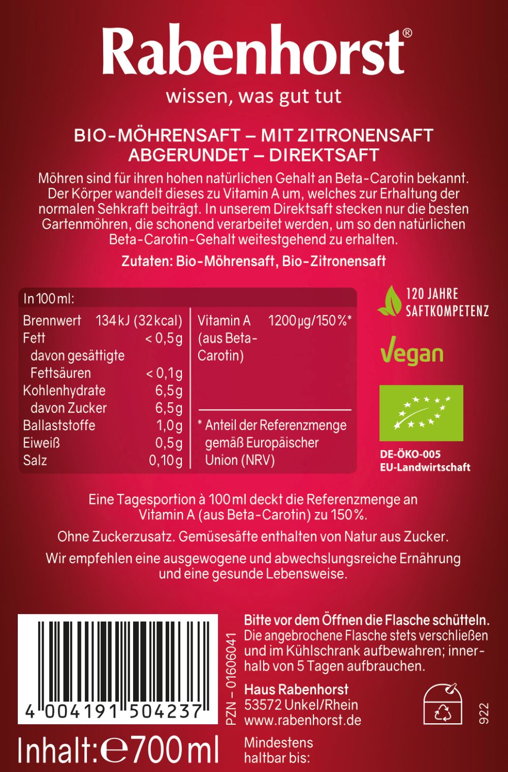 Rabenhorst Gartenmöhre BIO 6x700 ml Saft