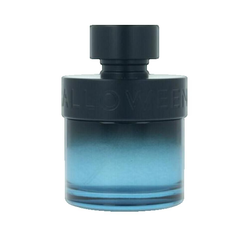 Flakon mit blau-schwarzem Farbverlauf. Schwarzer Deckel. Aufschrift: HALLOWEEN. Glasflakon.