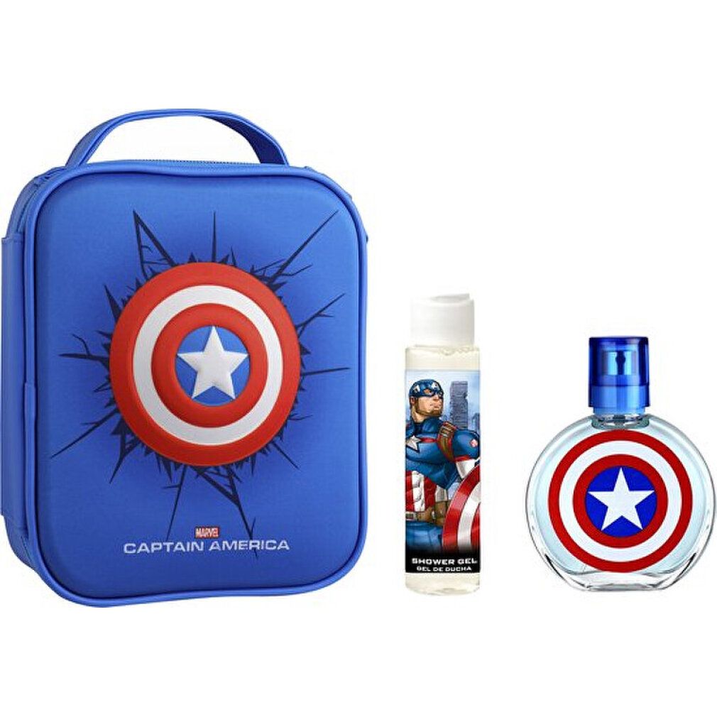 Blaues Set mit Tasche, Flakon und Duschgel. Captain America-Design mit Schild-Motiv. Marvel-Logo.