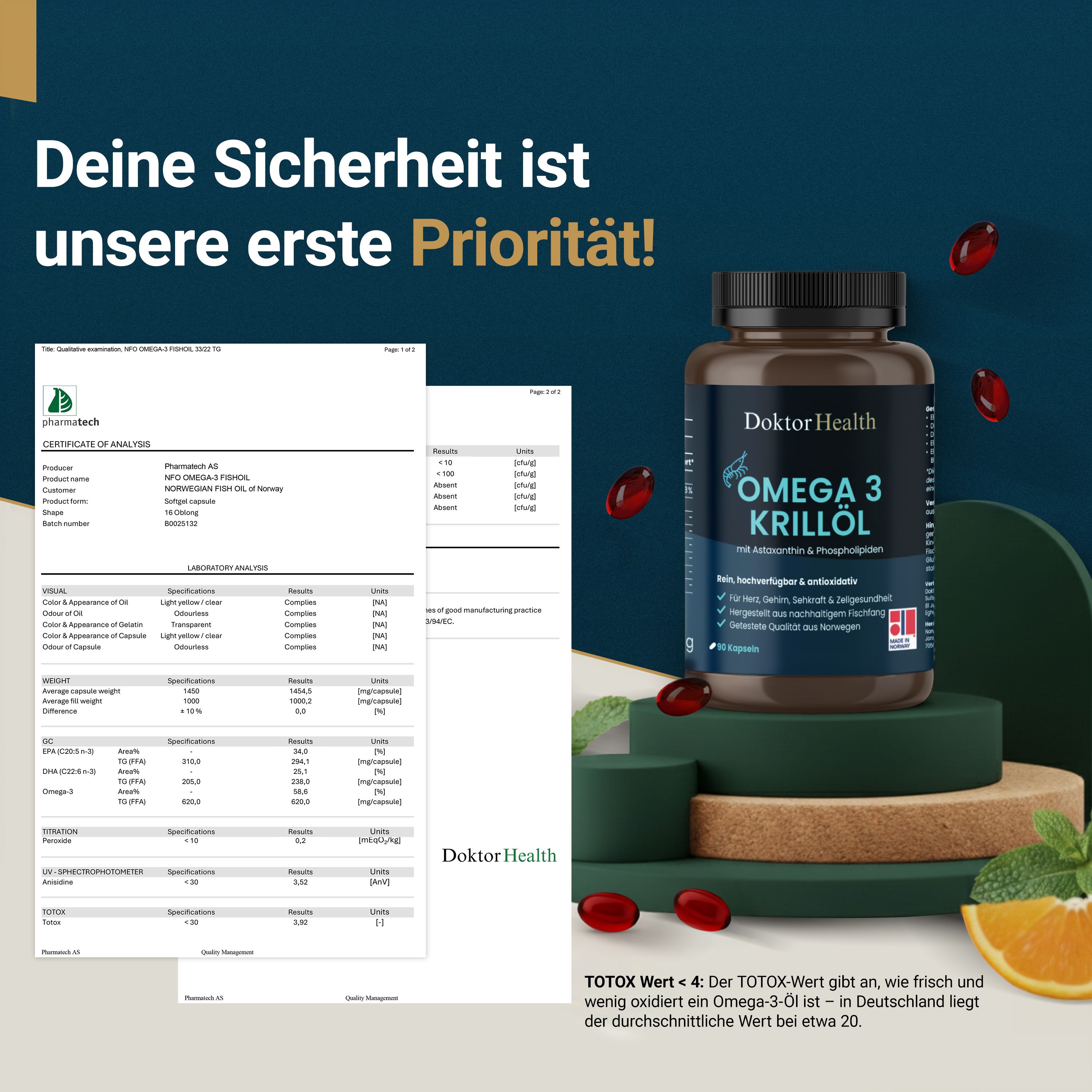 Flasche Omega 3 Krillöl, rote Kapseln, Zertifikate, Orange, Minze. Text: Deine Sicherheit ist unsere erste Priorität! TOTOX-Wert.