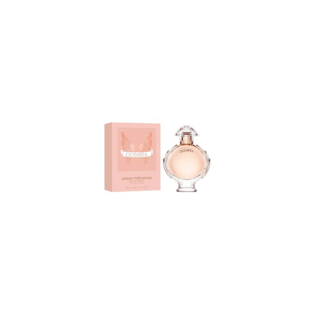 Olympéa-Flakon und Verpackung. Flakon rund, transparent, rosa Inhalt. Verpackung rosa, Flügel-Design, Schriftzug.
