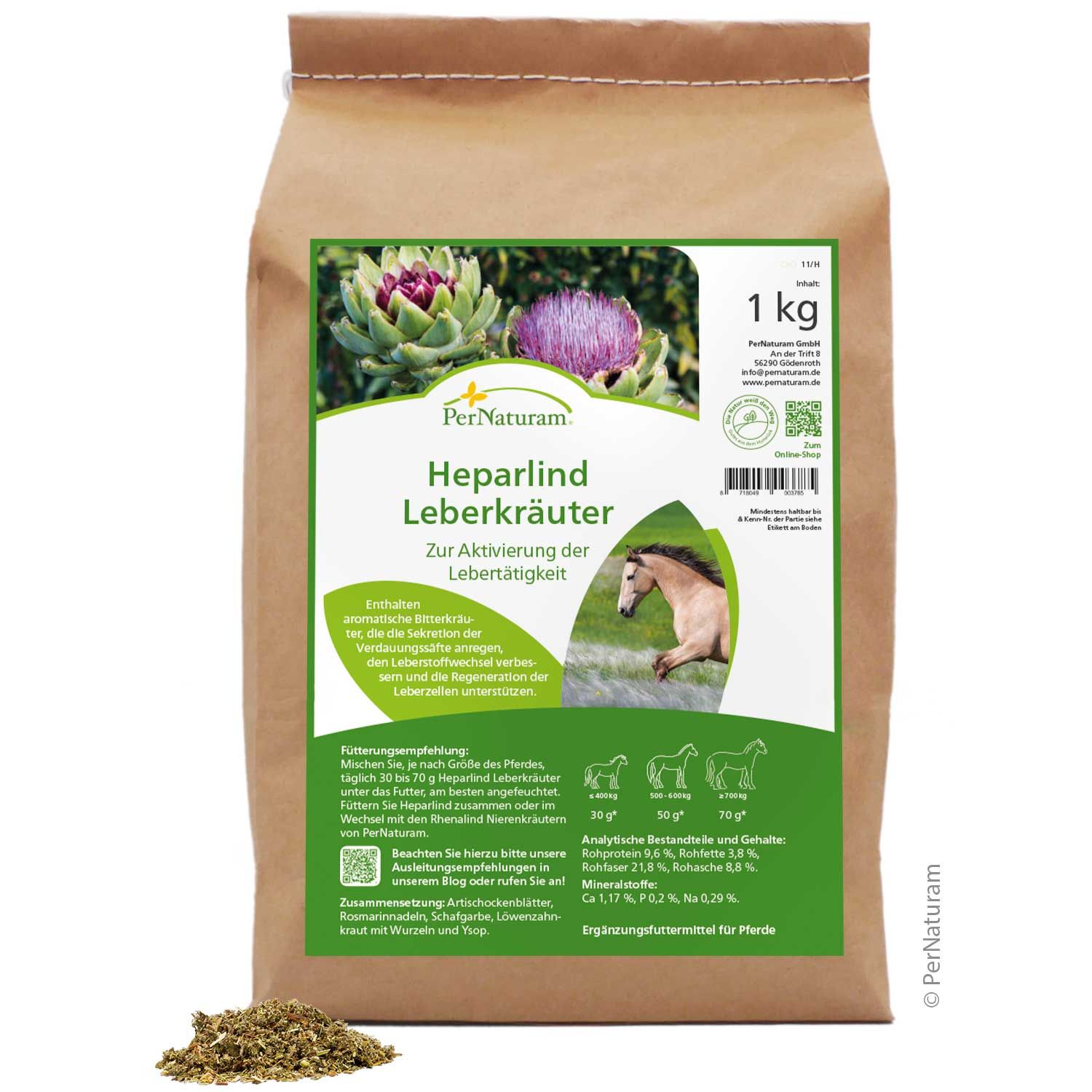 1kg Beutel Heparlind Leberkräuter. Braune Papiertüte mit Etikett. Grün-weißes Etikett mit Produktnamen, Logo und Abbildung eines Pferdes.