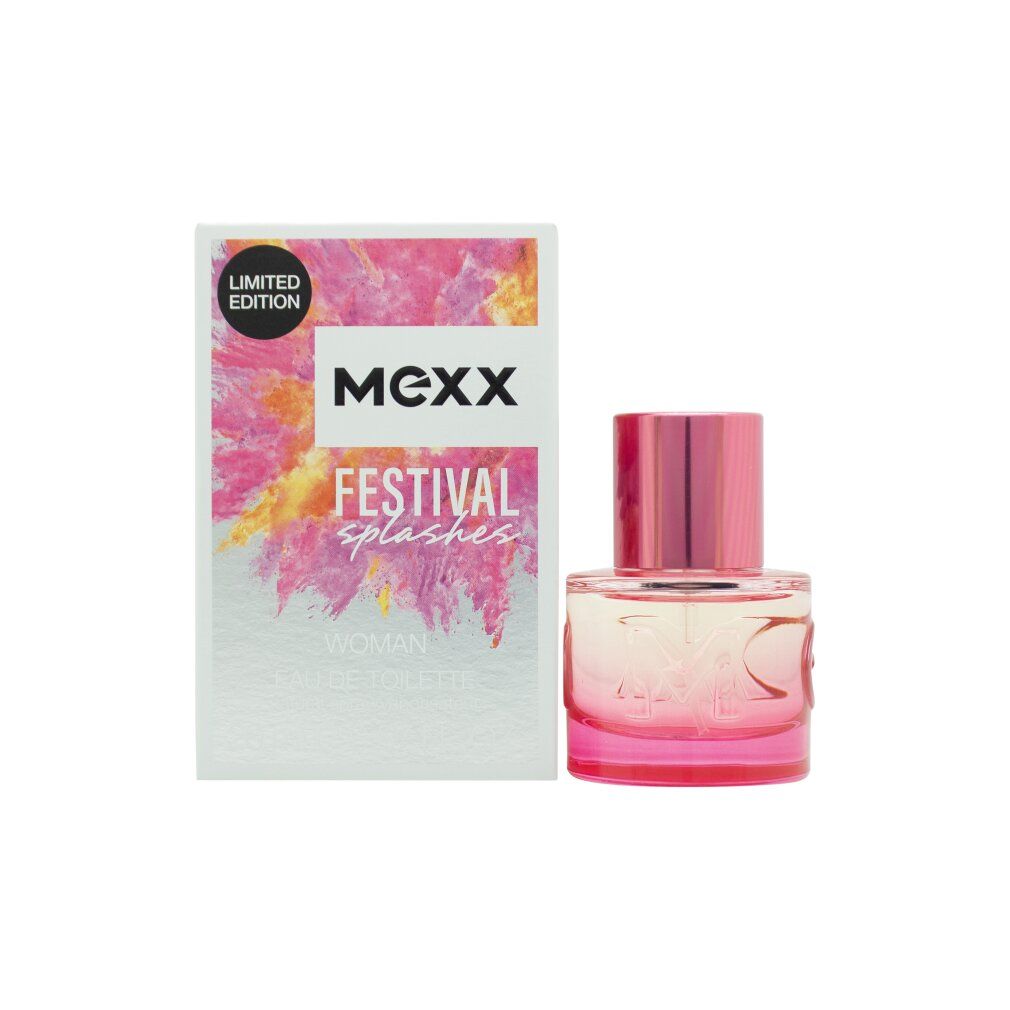 Mexx Festival Splashes Frau Eau de Toilette. Flakon und Verpackung. Rosa und silberne Farbgebung. Limited Edition.