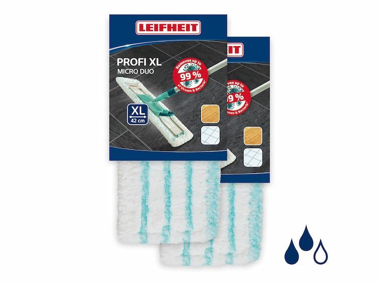 Zwei Wischbezüge in Verpackung. Auf der Verpackung steht "PROFI XL micro duo" und das Logo. Enthält eine Abbildung des Produkts.