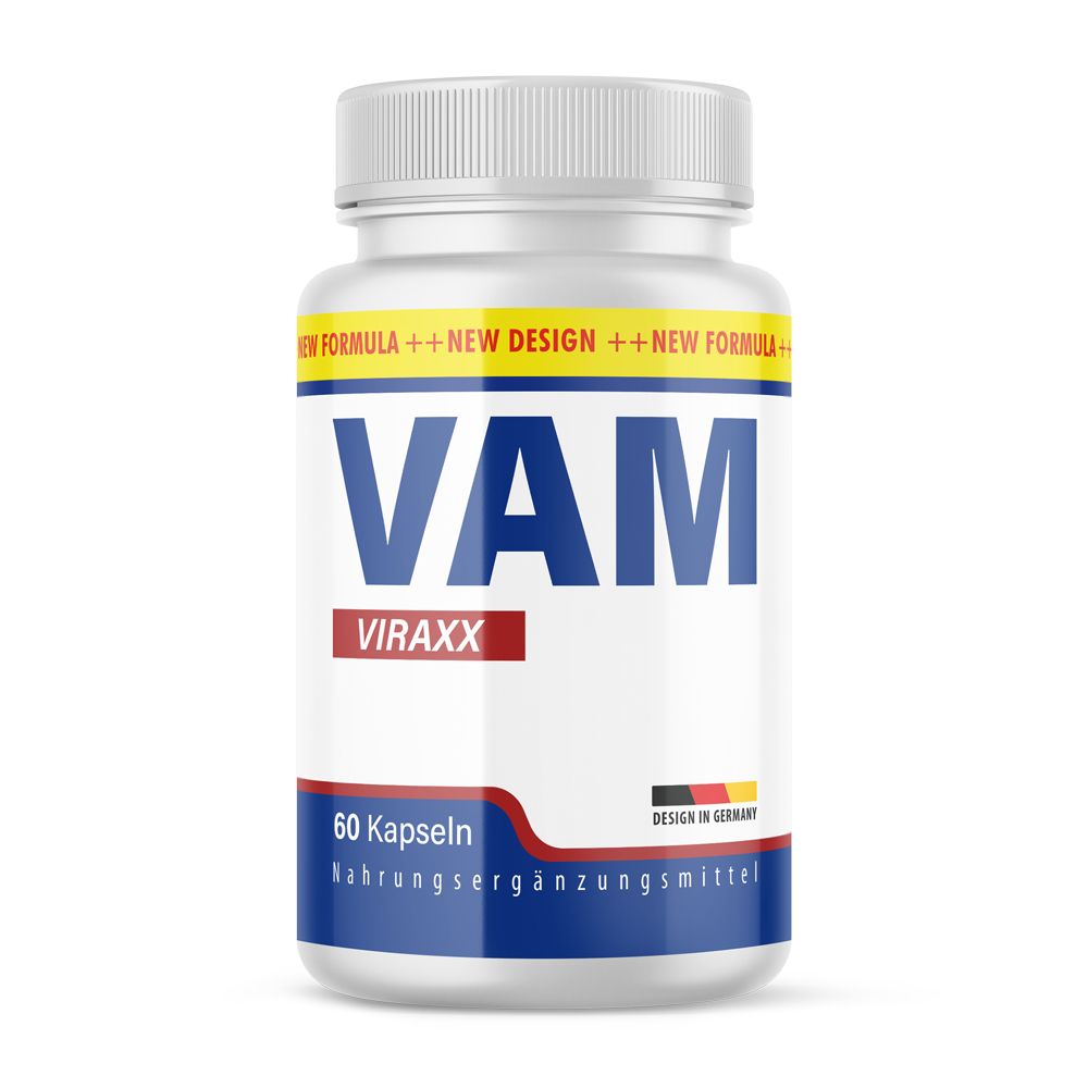 Weiße Flasche mit blauem Etikett. Aufschrift "VAM VIRAXX". Enthält 60 Kapseln. "Design in Germany".