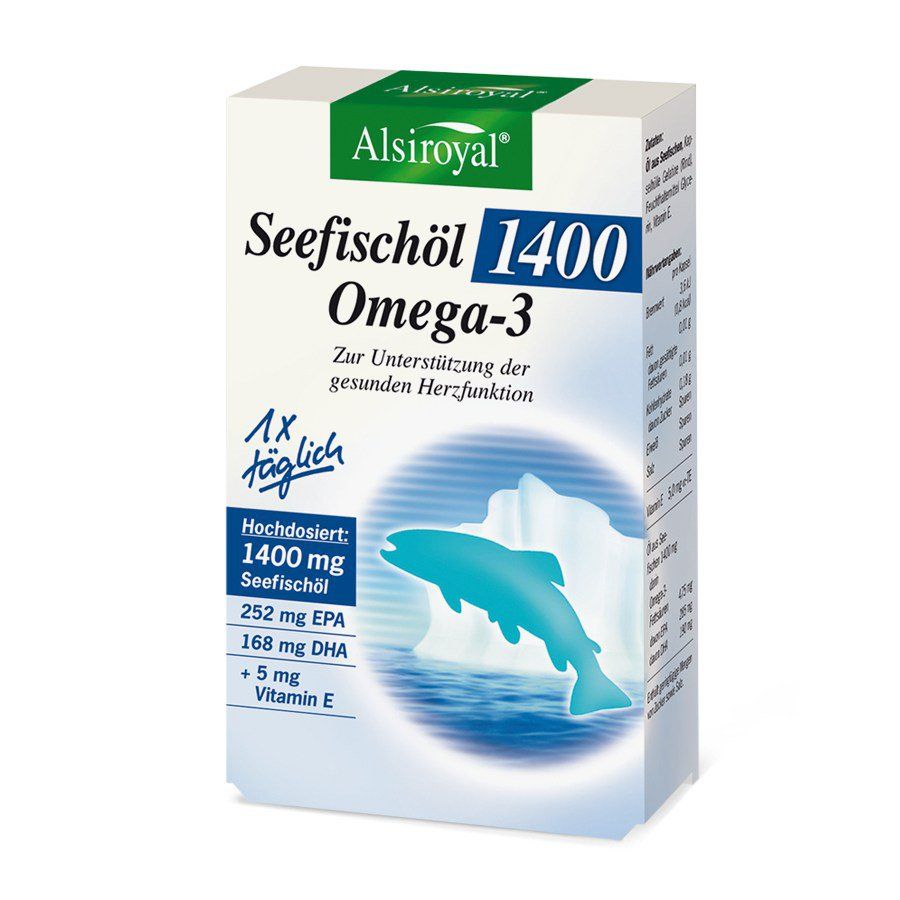 Weißer Karton mit "Alsiroyal Seefischöl 1400 Omega-3". Enthält Informationen zur Unterstützung der Herzfunktion und Inhaltsstoffe.