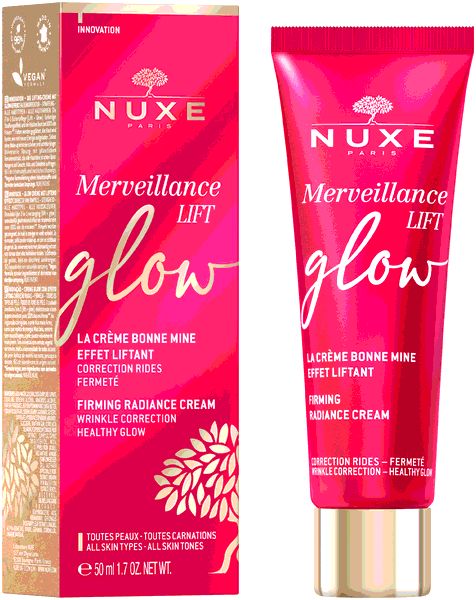 Rote Schachtel und Tube. Aufschrift: NUXE, Merveillance Lift glow. Text: La crème bonne mine, effet liftant, Firming Radiance Cream. 50ml.