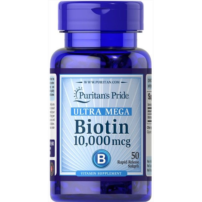 Blaue Flasche mit Puritan's Pride Ultra Mega Biotin 10.000 mcg. 50 Softgels. Vitamin-Ergänzungsmittel.