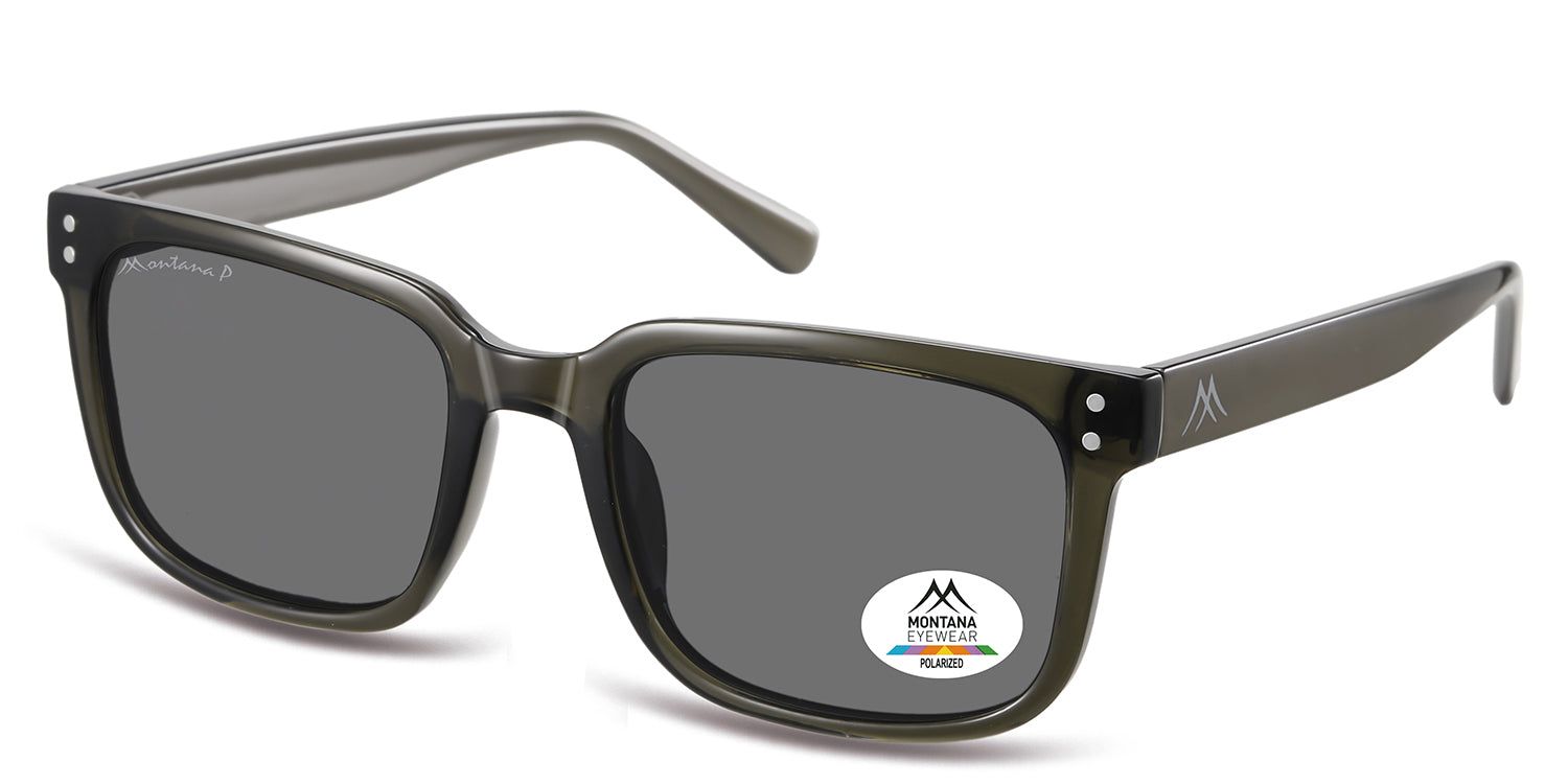 Sonnenbrille mit grau getönten Gläsern. Rahmen in Grau-Grün. Logo und Polarisations-Aufkleber auf dem rechten Glas. Montana Eyewear.
