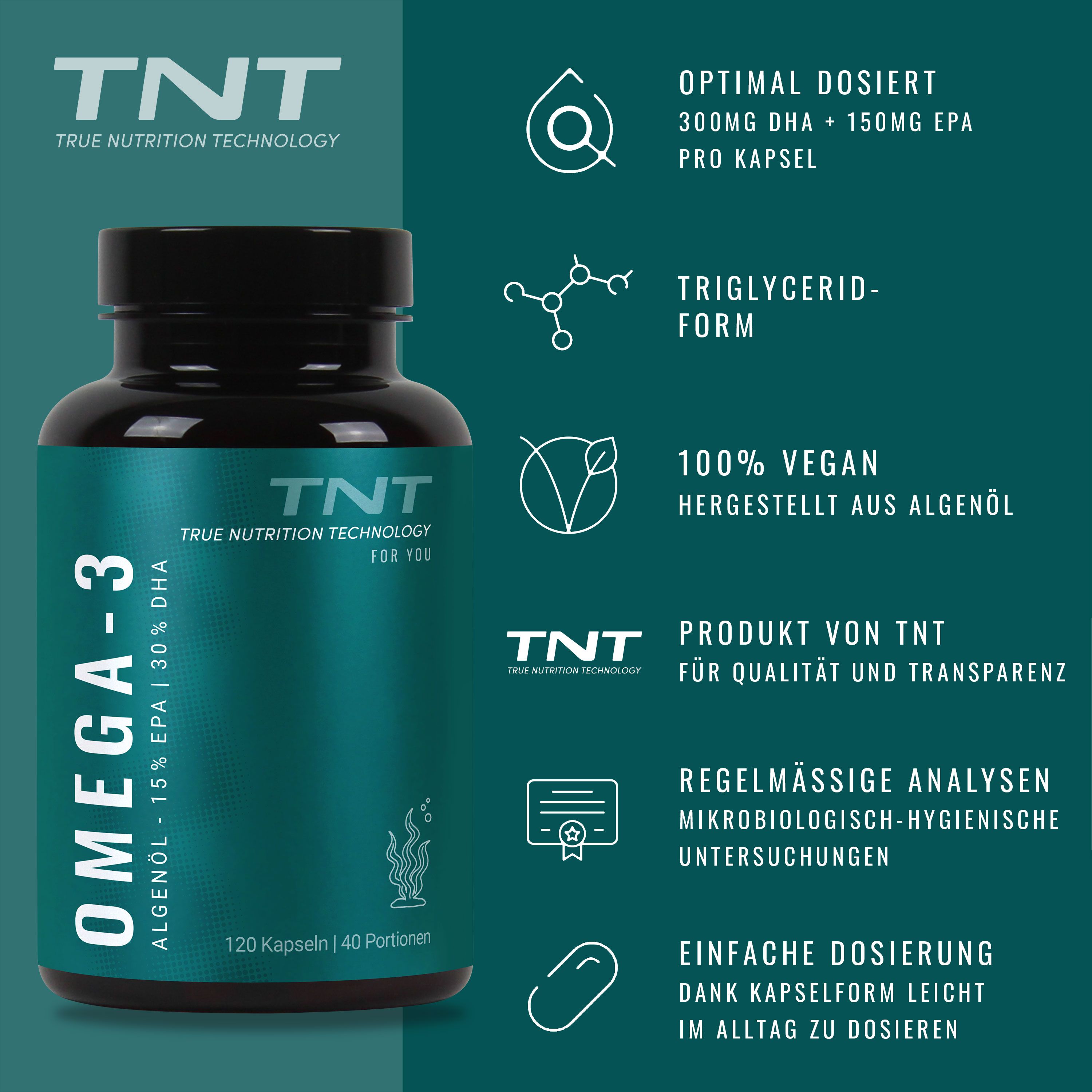 TNT Omega-3 Algenöl Kapseln: 300mg DHA, 150mg EPA, 100% vegan, Triglycerid-Form.