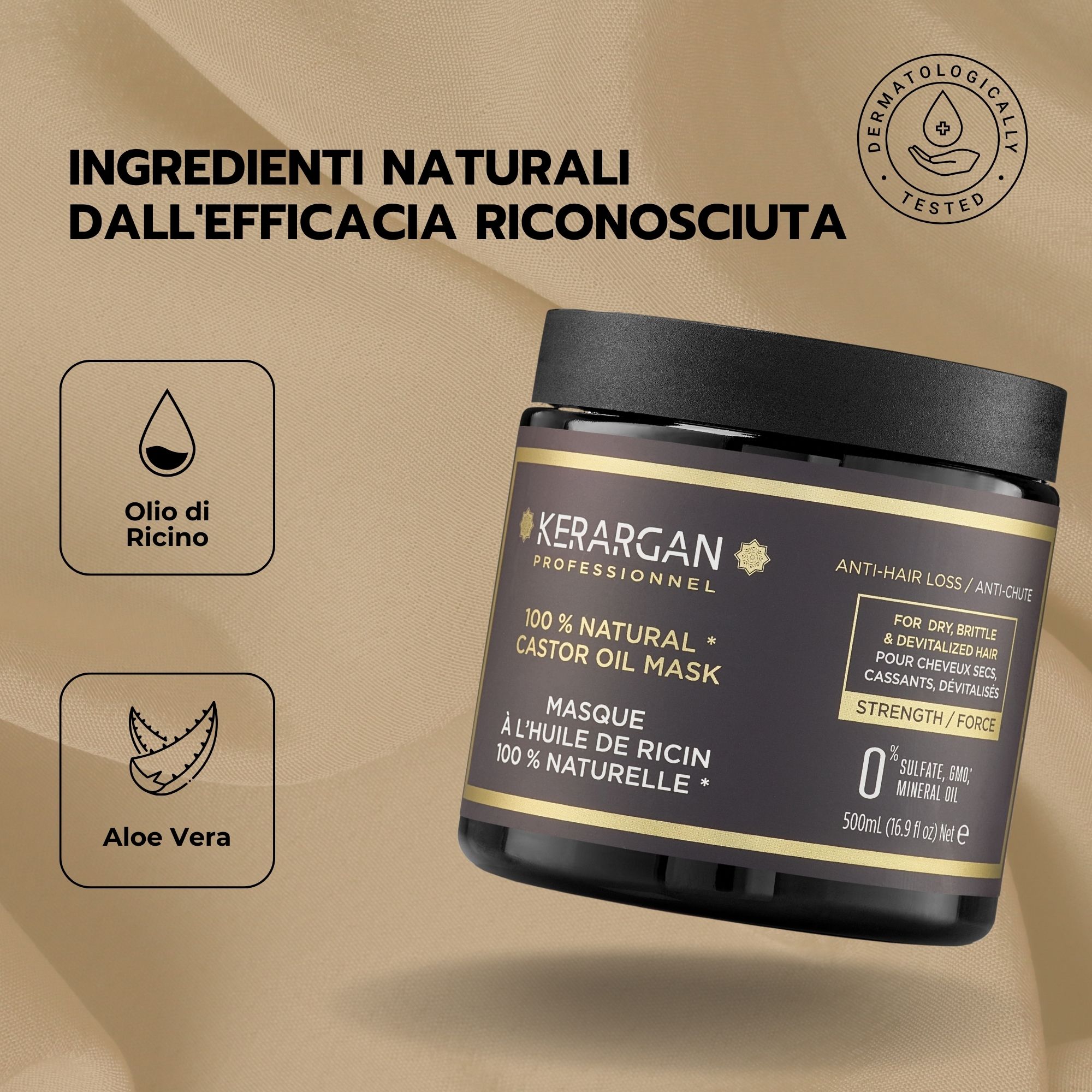 Barattolo di maschera, accanto icone: Olio di ricino, Aloe Vera. Testo: Ingredienti naturali dall'efficacia riconosciuta.