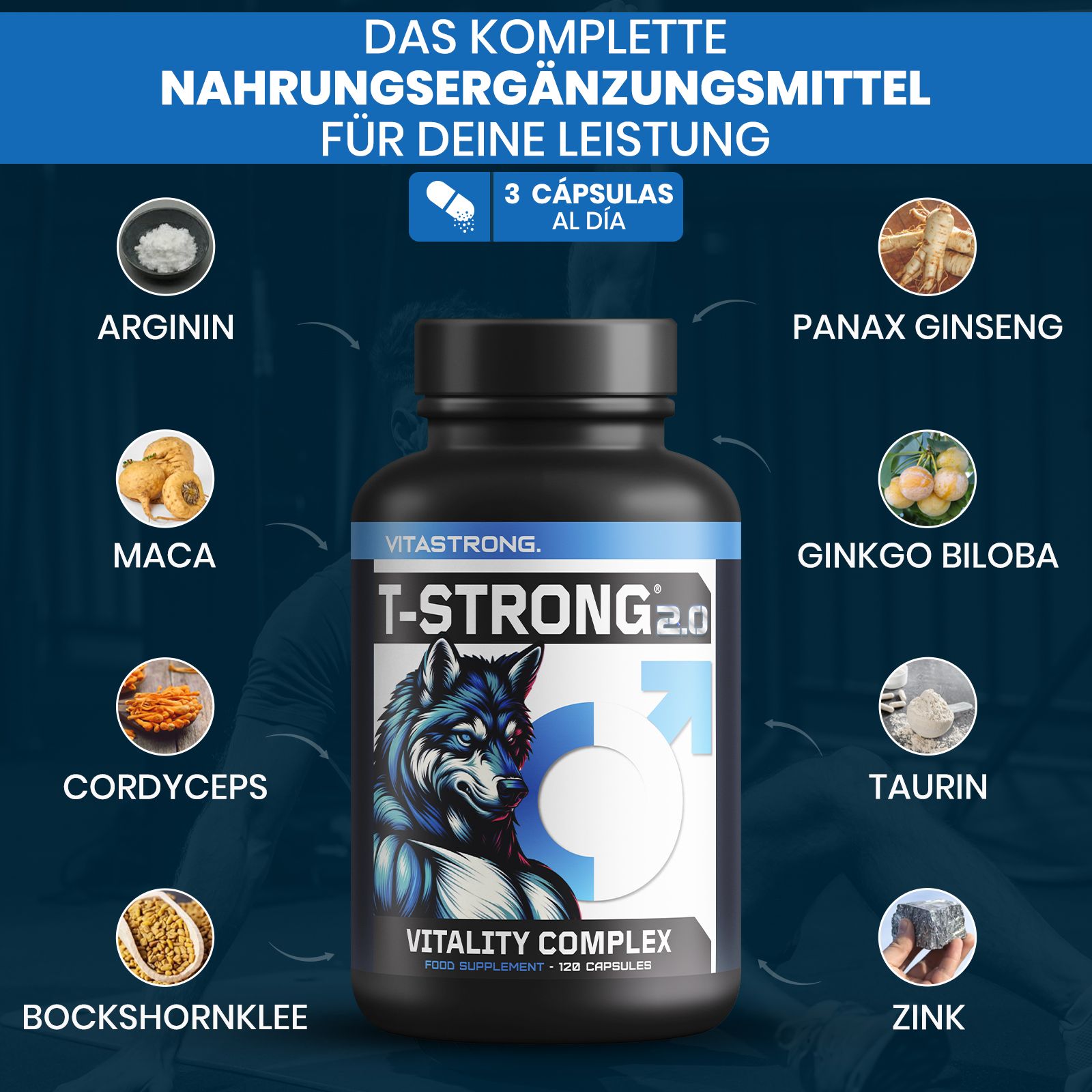 Vitastrong T-STRONG 2.0 Flasche. Schwarze Flasche mit blauem Etikett. Enthält 120 Kapseln. Inhaltsstoffe abgebildet.