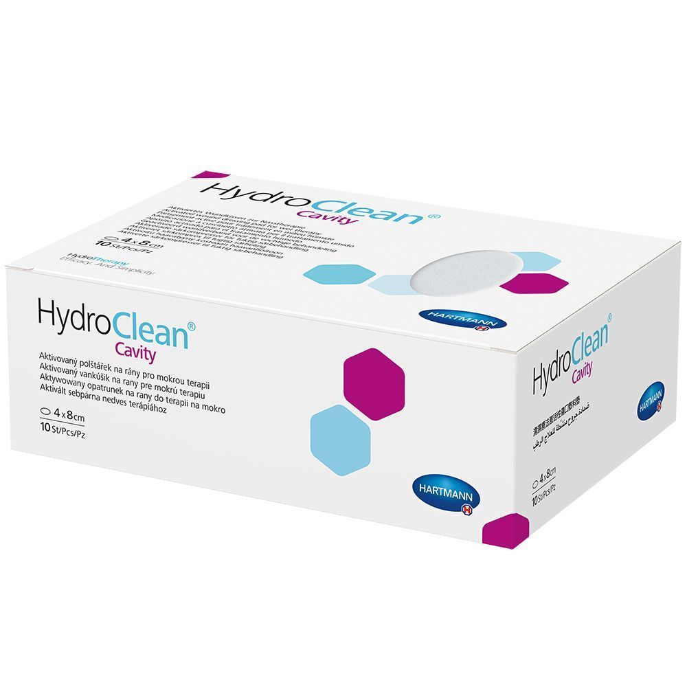 Verpackung von HydroClean Cavity. Weißer Karton mit Produktnamen, Logo und geometrischen Formen. Größe 4 x 8 cm.