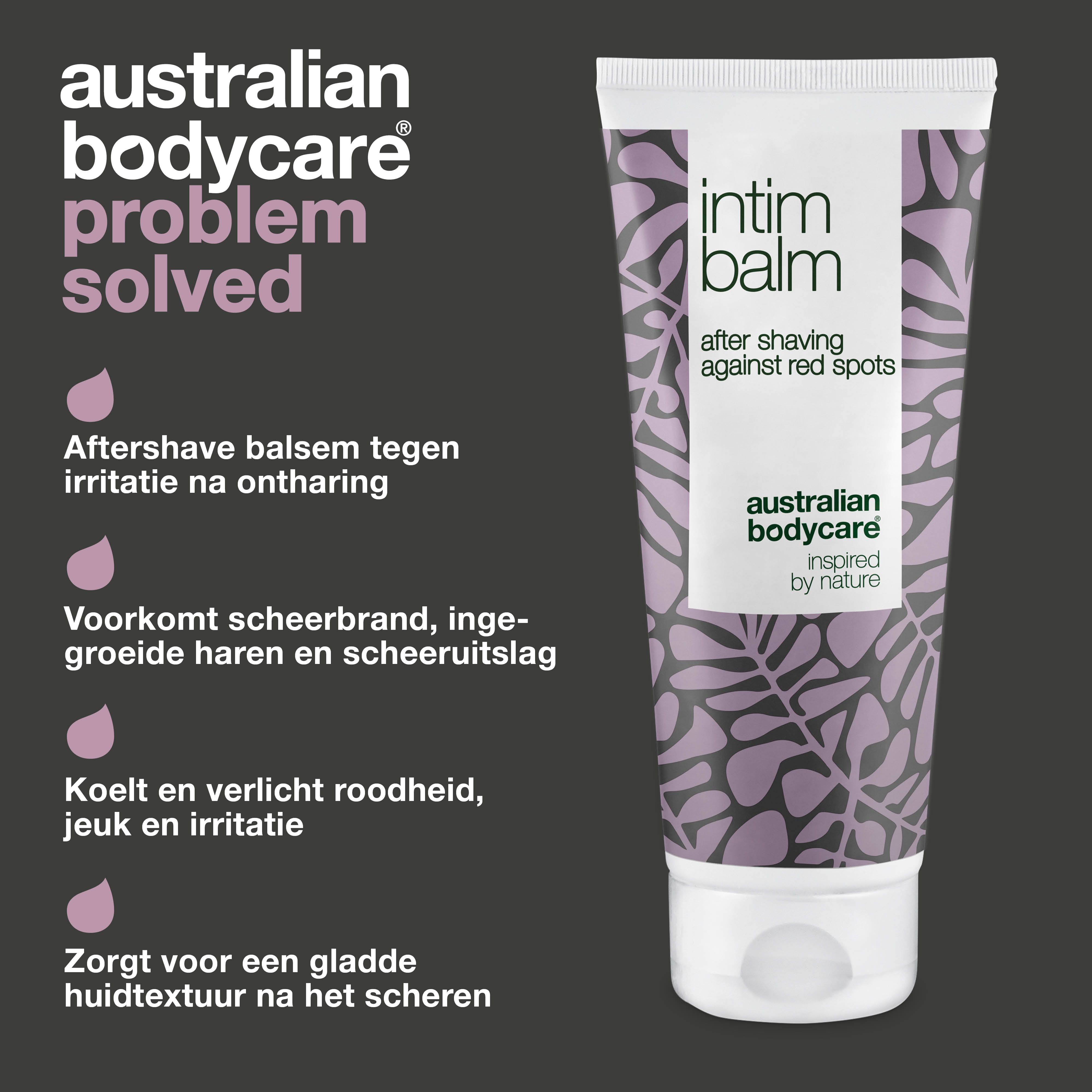 Probleem/Oplossing: Scheerirritatie vs. Tube intieme scheerbalsem. Merk: Australian Bodycare. Product en crème.