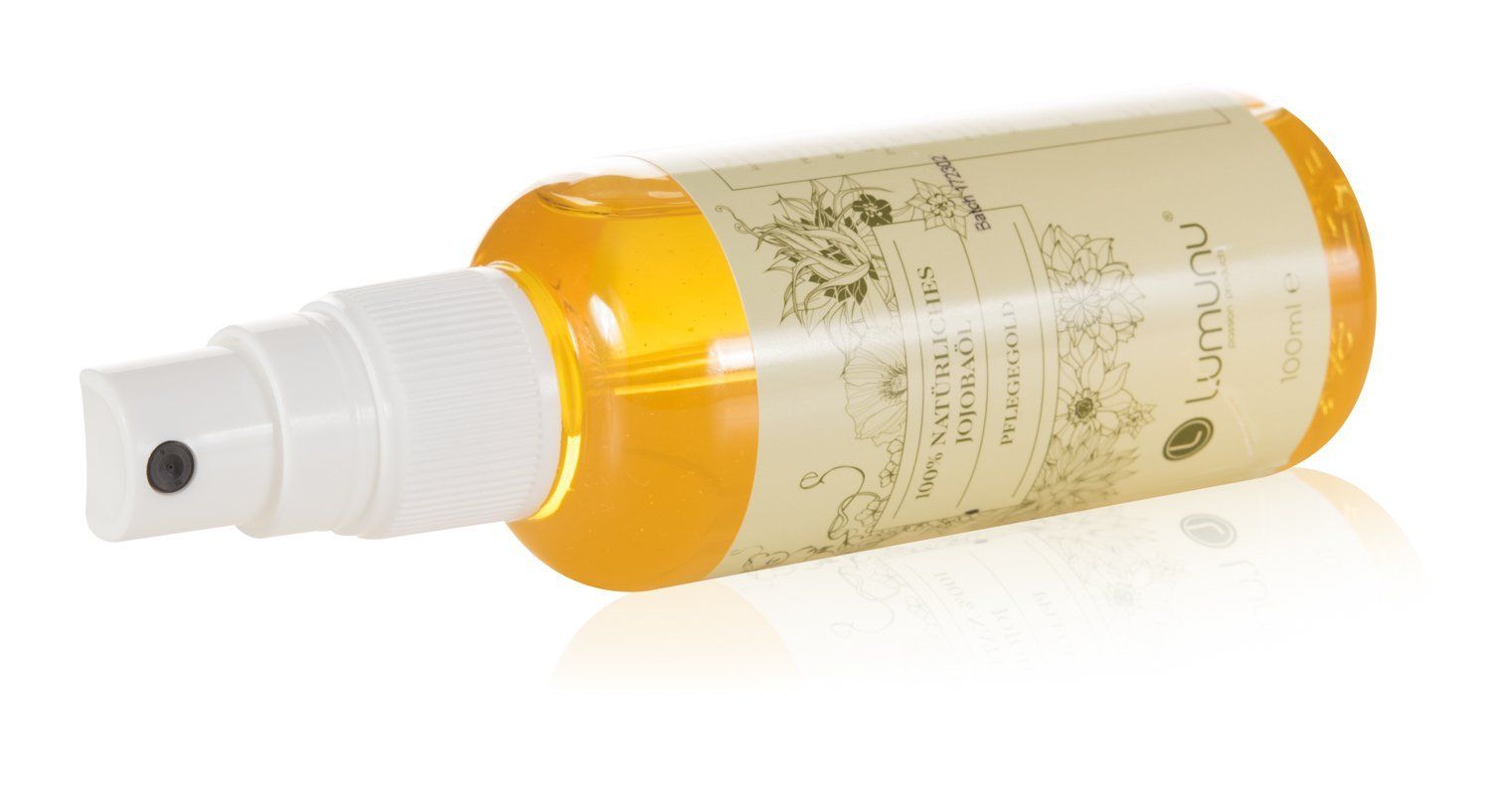Sprühflasche mit klarer Flüssigkeit, liegend. Etikett mit floralem Design und Text: 100% NATÜRLICHES JOJOBAÖL, PFLEGEGOLD, Lumunu.