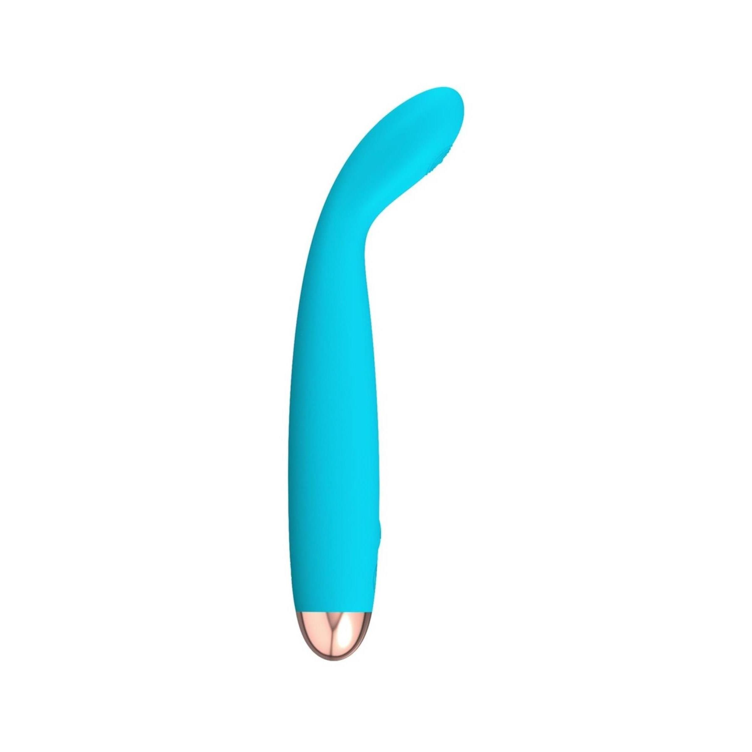 Türkisfarbener Vibrator mit gebogener Form und goldfarbener Spitze. Auf weißem Hintergrund.