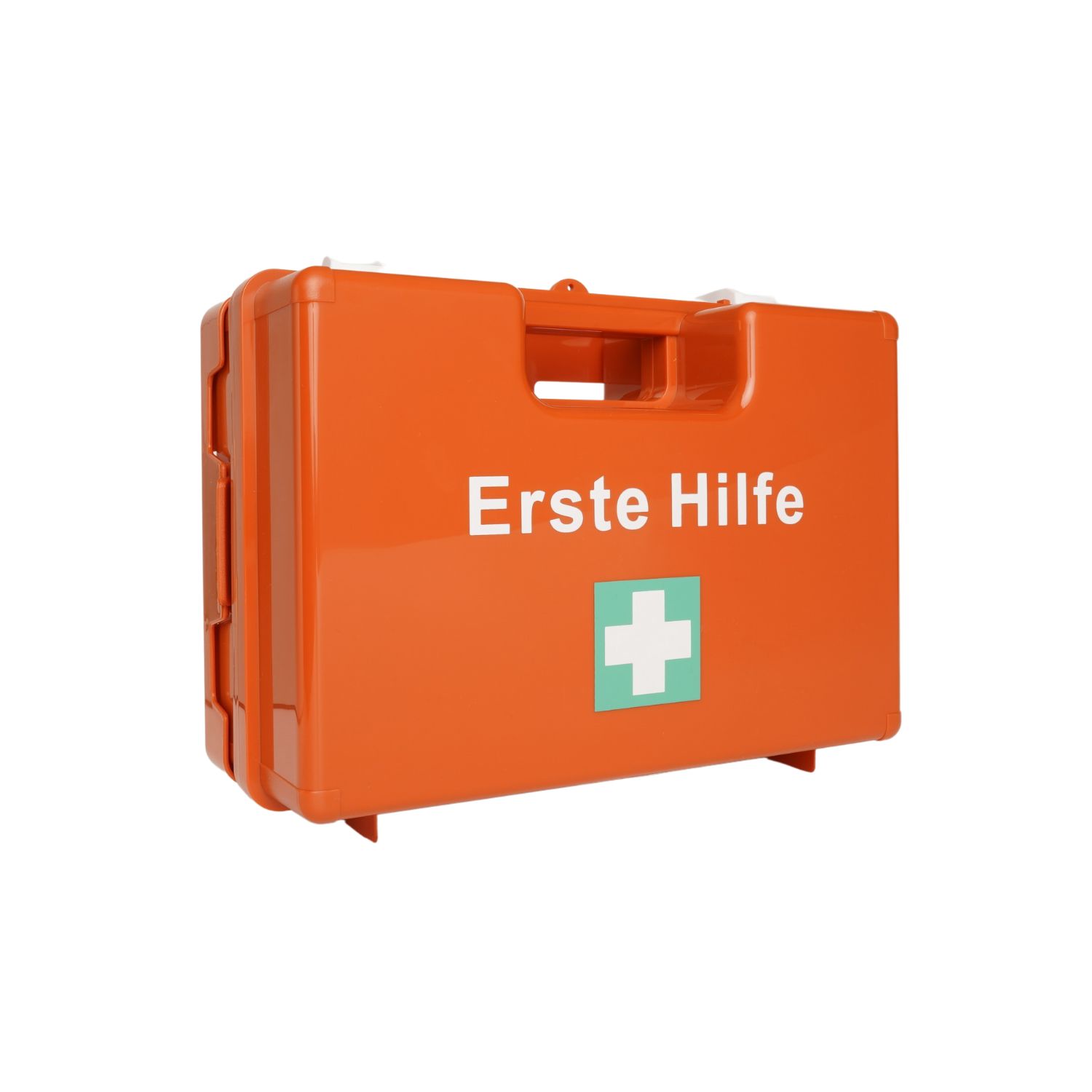 Orange Erste-Hilfe-Koffer mit weißem Kreuz und Schriftzug "Erste Hilfe". Kunststoffgehäuse mit Tragegriff und Verschlüssen.
