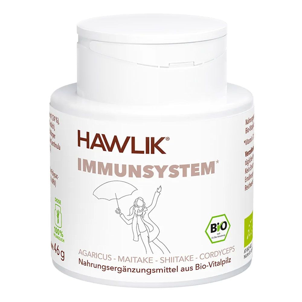 Weiße Dose mit Aufschrift HAWLIK IMMUNSYSTEM. Bio-Siegel. Enthält Agaricus, Maitake, Shiitake, Cordyceps. Nahrungsergänzungsmittel.