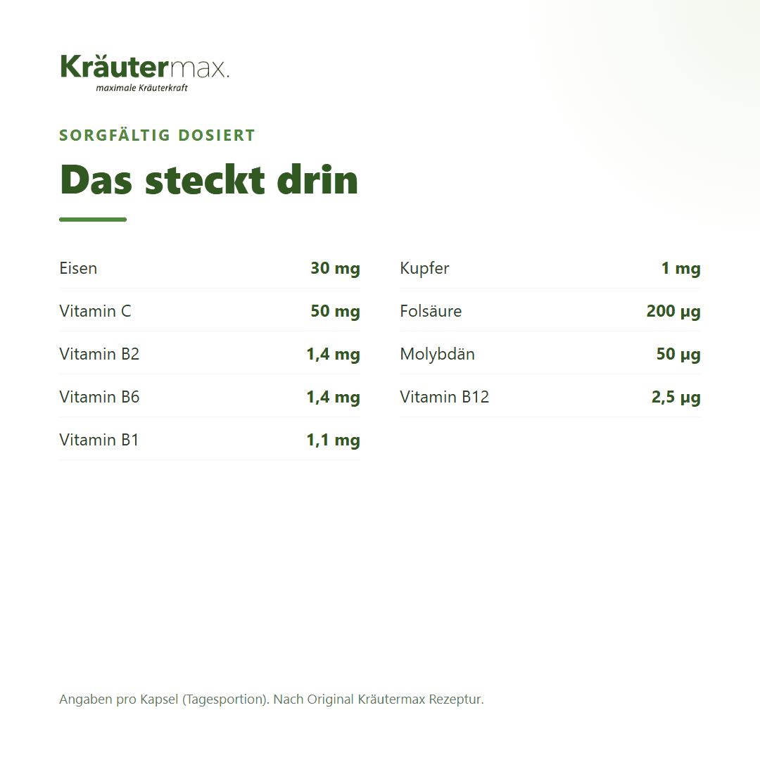 Anwendungshinweis: 1 Kapsel täglich. Flasche Kräutermax Eisen mit Qualitätssiegel.