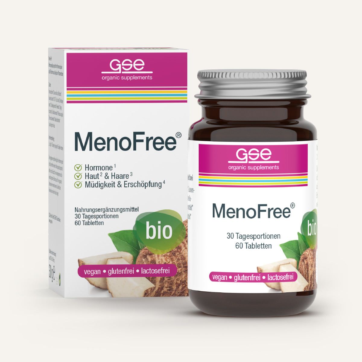 Tablettenflasche und Schachtel. Text: MenoFree, 30 Tagesportionen, 60 Tabletten. Vegan, glutenfrei, laktosefrei. Bio-Siegel. Lila und braune Farben.
