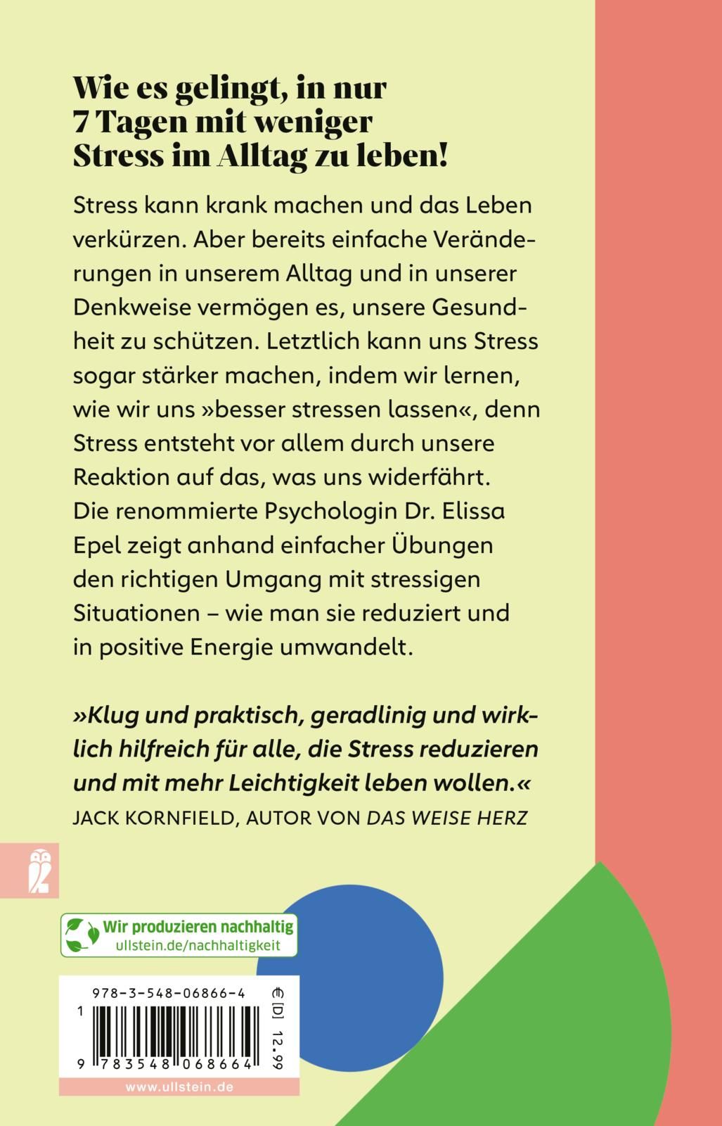 Buchrückseite mit Text. Titel: Wie es gelingt, in nur 7 Tagen mit weniger Stress im Alltag zu leben! Mit ISBN und Logo.