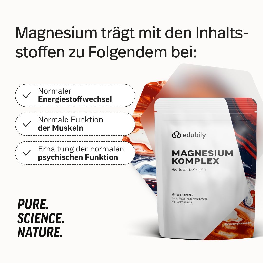 Verpackung Magnesium Komplex. Magnesium unterstützt Energiestoffwechsel, Muskelfunktion, psychische Funktion.