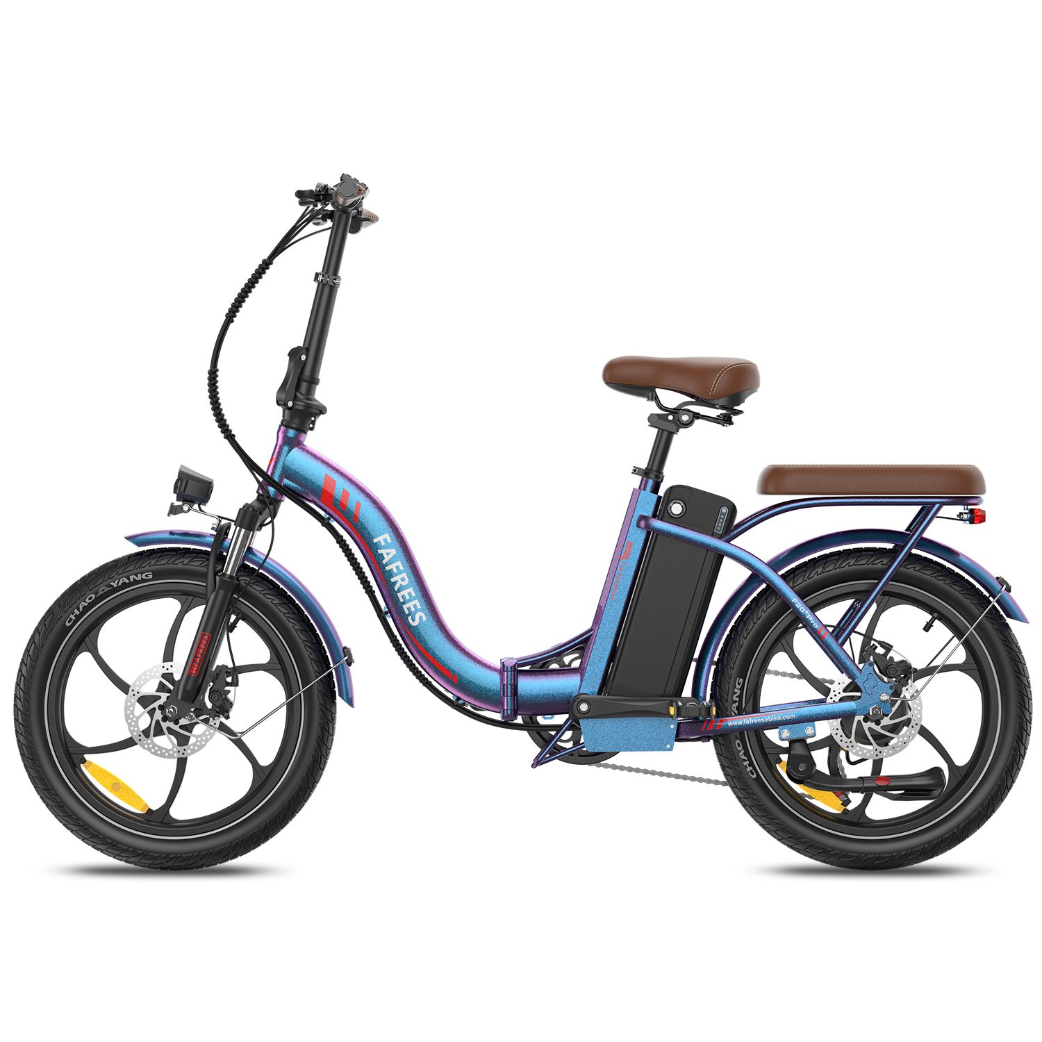 Faltbares E-Bike, blau-violett. Brauner Sattel und Gepäckträger. Schwarze Reifen und Felgen. Marke FAFREES.