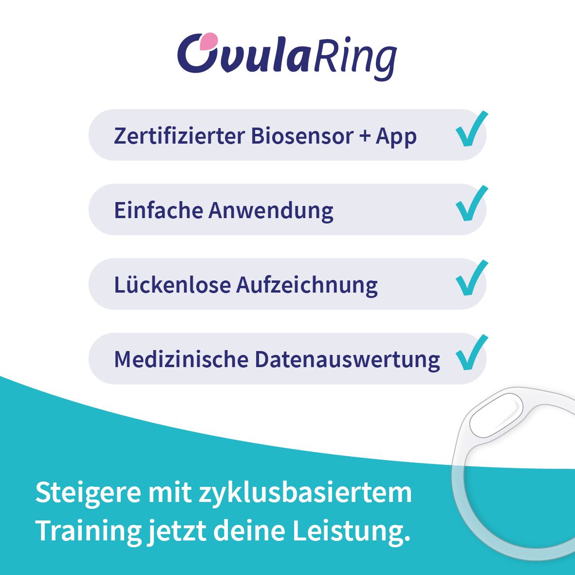 OvulaRing-Logo. Text: Zertifizierter Biosensor + App, Einfache Anwendung, Lückenlose Aufzeichnung, Medizinische Datenauswertung. Text: Steigere deine Leistung.