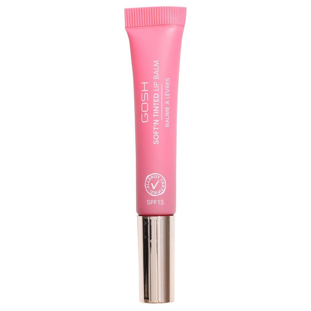Rosa getönter Lippenbalsam-Tube. Aufschrift: GOSH SOFT'N TINTED LIP BALM. Mit SPF 15 und Allergie-Zertifizierung.