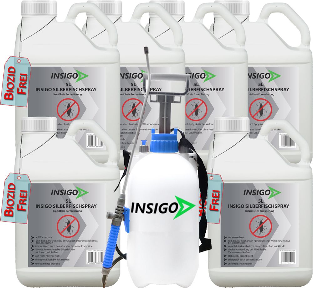 Mehrere weiße Kanister mit Aufschrift INSIGO Silberfischspray und Anhänger BIOZID FREI. Eine Sprühvorrichtung ist ebenfalls abgebildet.