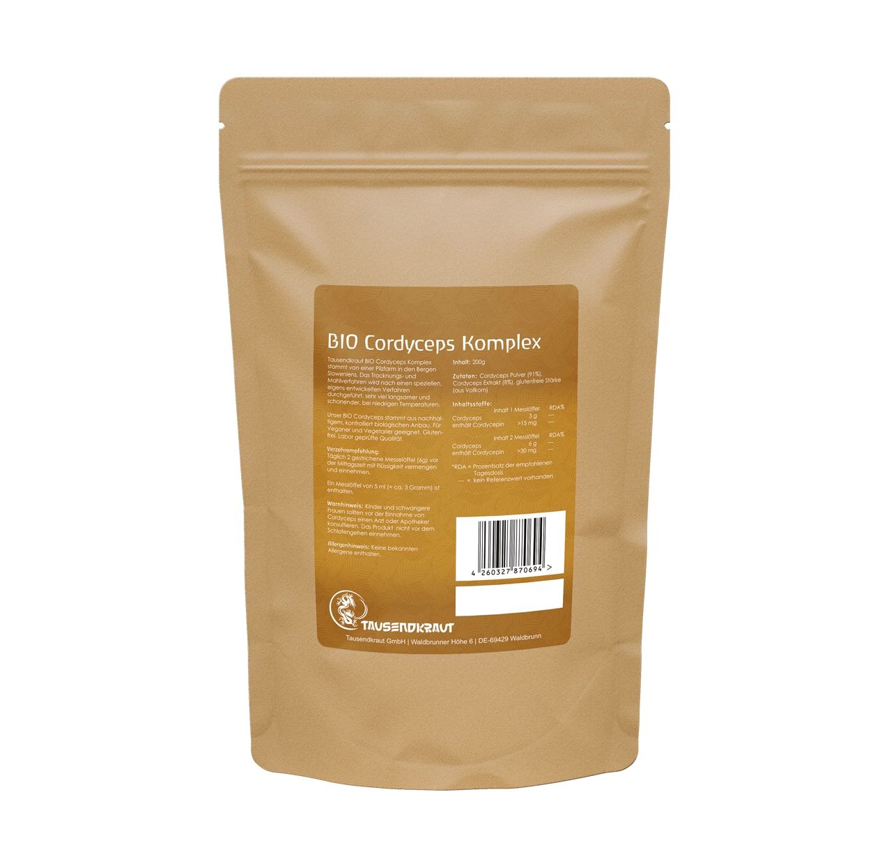 Rückseite des Cordyceps-Pulver-Beutels. Text: BIO Cordyceps Komplex, Nährwertangaben, Barcode, Logo. Braune Verpackung.