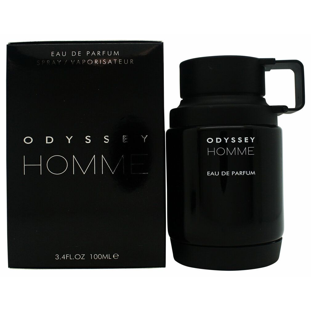 Schwarzer Flakon und Verpackung mit "ODYSSEY HOMME" und "EAU DE PARFUM" Schriftzug. 3.4 fl.oz 100ml.